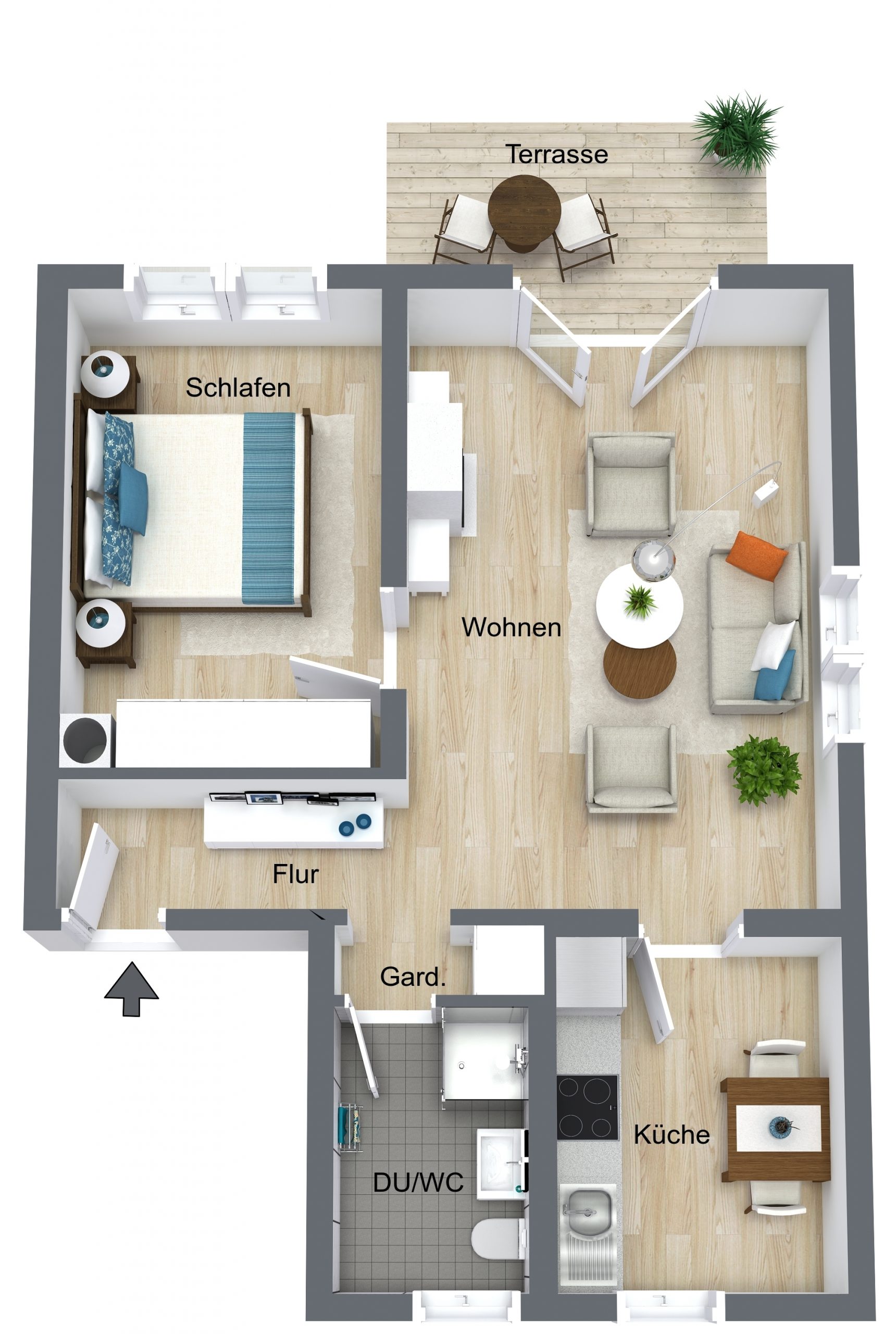 Gepflegte 2-Zimmer-Wohnung im Hochparterre mit großer Terrasse