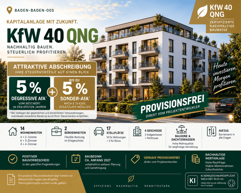 Neubau in Baden-Baden-Oos | KFW 40 QNG geplant | 1- bis 3-Zimmer-Wohnungen